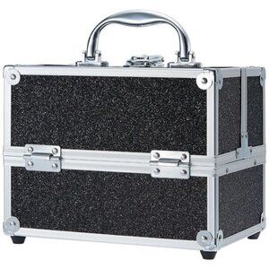 New Portable Makeup Train Case with Lock, Black Travel Cosmetic Organizer Box